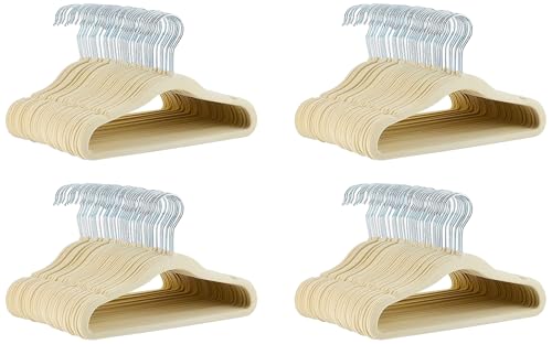 Image of Amazon Basics Kids Space Saving Velvet Non-Slip Clothes Hangers with Shoulder Notches for Infant and Toddler, 11.6 inch, Beige 50 Count (Pack of 4)