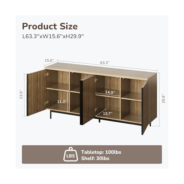 Belleze sideboard buffet cabinet 63 storage cabinet with fluted decorative doors modern console table for dinning room kitchen living room colemen camel  urban country home decor