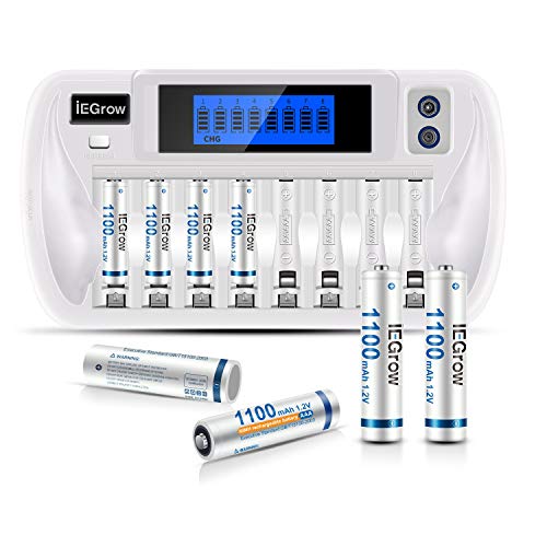 iEGrow Cargador de Pilas AA AAA con 8 Piezas de AAA 1100mAh Ni-MH Pilas Recargables