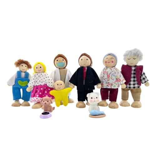 HYSTYLE 12 Pieces Wooden Dollhouse Family Set with Dog Cat Mini People Figures Dollhouse Dolls Wooden Doll Family Pretend Play Figures Accessories for Pretend Dollhouse (Style 4)