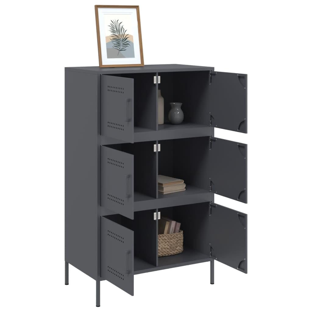 Armario robusto de acero de estilo industrial con 6 compartimentos para salón, color antracita y acero