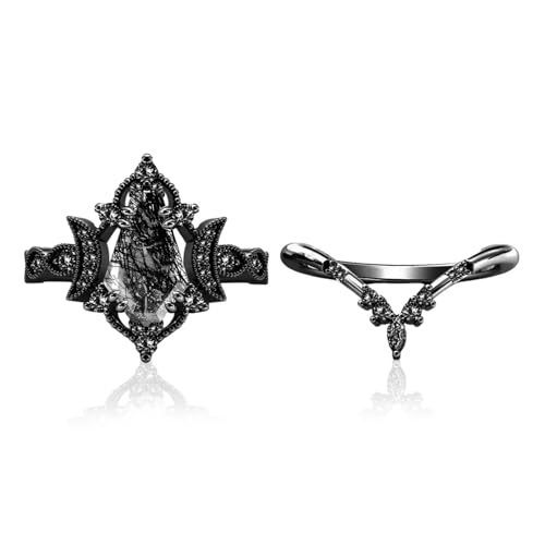 AAA Nature Black Rutilated Quartz Rings Set for Women 10K 14K 18K Gold Vintage Gemstone Nature Black Rutilated Quartz 2Pcs Ring Wedding Band with Gift Box3