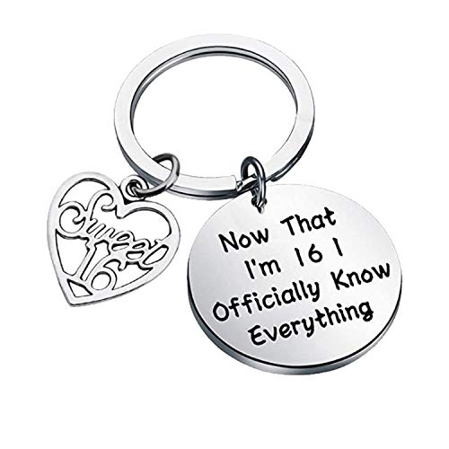 BEKECH 16th Birthday Gifts Sweet 16 Gift 16th Birthday Keychain Now That I'm 16 Officially Know Everything Birthday Jewelry for 16 Years Old Teen Boy Girls (Silver)