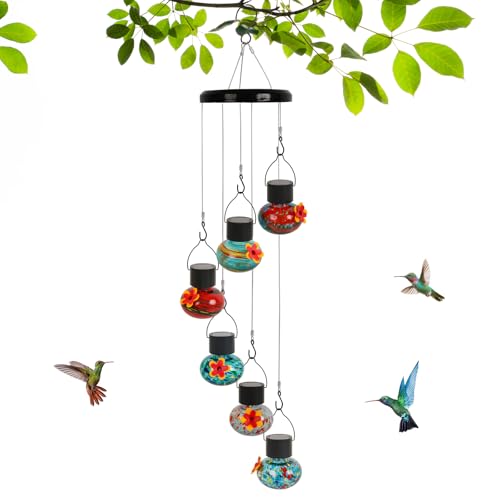 Solar-Powered Hummingbird Feeder with Wind Chime Elegance 6 Leak-Proof Glass Ports Frosted Design & Multicolor Night Lights Perfect Outdoor Gift for Nature Enthusiasts