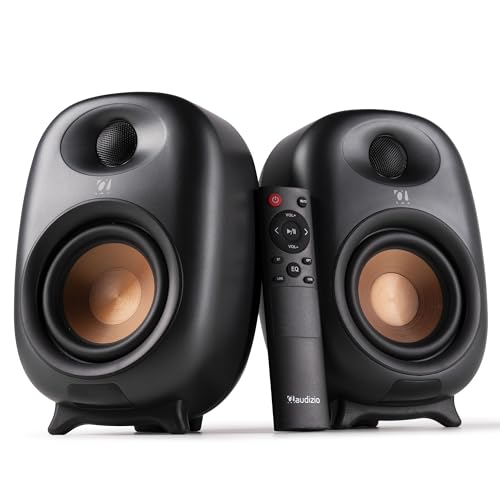 Audizio RS80 - Enceintes Hi-FI Actives BT 160 W Noir & Cuivre | Haut-Parleurs 2-Voies DSP 3 Modes | Entrées Optique, RCA & USB | Son Puissant pour Hi-FI, TV,...