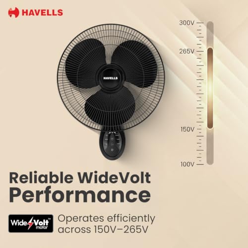 Image of Havells Gatik Pro BLDC 400mm Wall Mount Fan | RPM: 1350 | Double string for Speed & Oscillation control | Thermal Overloaded Protected Motor | 100% Copper Wire Winding Motor | 2 Year Warranty (Black)