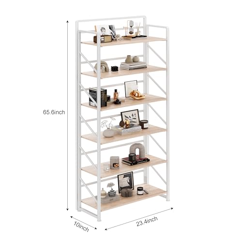 Image of JSB No Assembly Folding Bookshelf, 6 Tier Industrial Metal Book Shelf for Storage, Vintage Wood Foldable Bookcase for Living Room, Bedroom, Office Organization Shelves