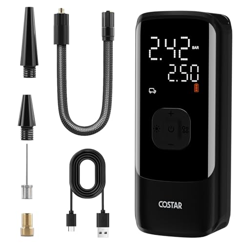Image of COSTAR Air Compressor Tyre Inflator for Car, 50Psi Cordless with Accurate Pressure LCD Display, 4000Mah Portable Air Pump, 2X Faster Inflation, Suitable for Motorcycle, Cycle, E-Bikes, Black