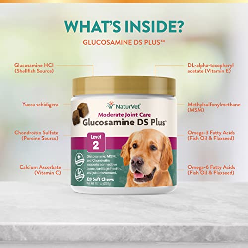 Naturvet – Glucosamine Ds Plus - Level 2 Moderate Care – Supports Healthy Hip & Joint Function – Enhanced With Glucosamine, Msm & Chondroitin – For Dogs & Cats–120 Soft Chews #TOP2