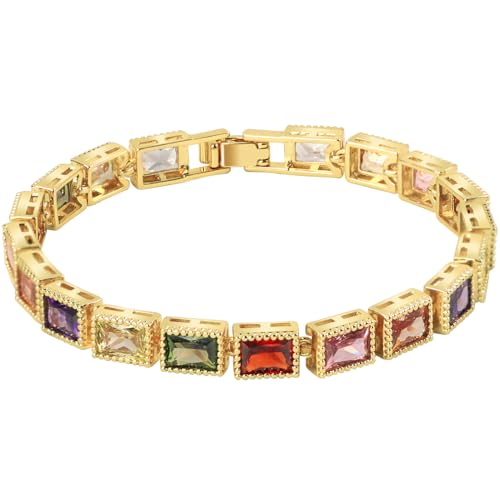 XZE Colored Cubic Zirconia Tennis Bracelet for Women14K Yellow Gold Plated Cubic Zirconia Rainbow Tennis Link Bracelet