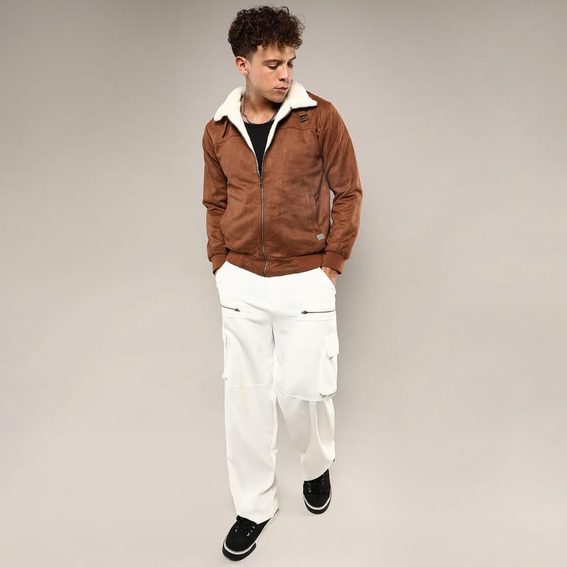 Image of CAHOOT Men's Brown Zip-Front Jacket With Fleece Detail For Casual Wear | Long Sleeve | High Neck | Zipper Closure | Suede Jacket Crafted With Comfort Fit For Everyday Wear