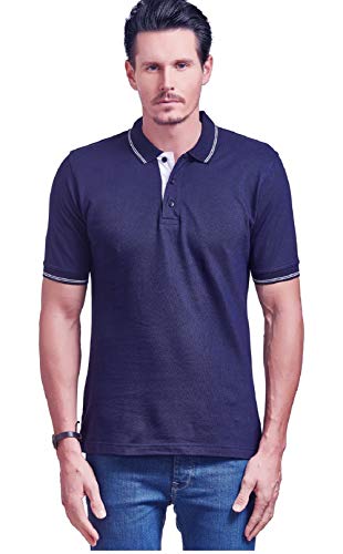 Image of Mens Premium 100% Cotton Polo Tshirt - NavyBlue with White Tipping