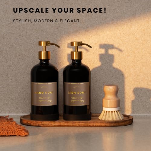 Image of Hand and Dish Soap Dispenser for Kitchen and Bathroom, Set of 2 16 Oz Glass Bottles, Stainless Steel Pumps, Non-Slip Silicone Base, 27 Waterproof Labels (Gloss Black Bottle /Brushed Gold Pump)