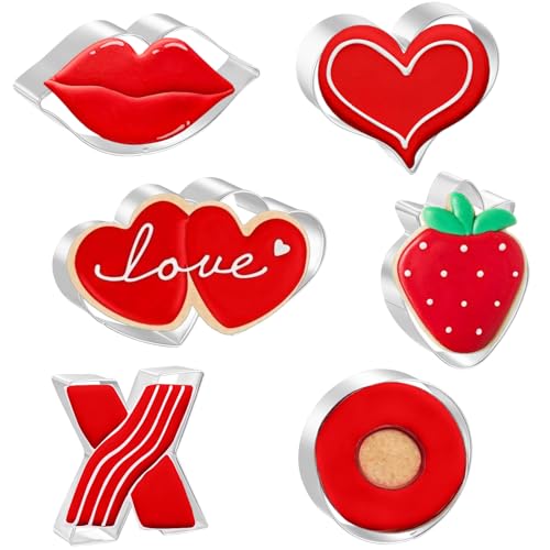 JOB JOL Valentines Day Heart Cookie Cutters 6 PCS, 3'', 3.25'', 3.5'',4'', 4.25'', Double Heart, Strawberry, Lips, X and O