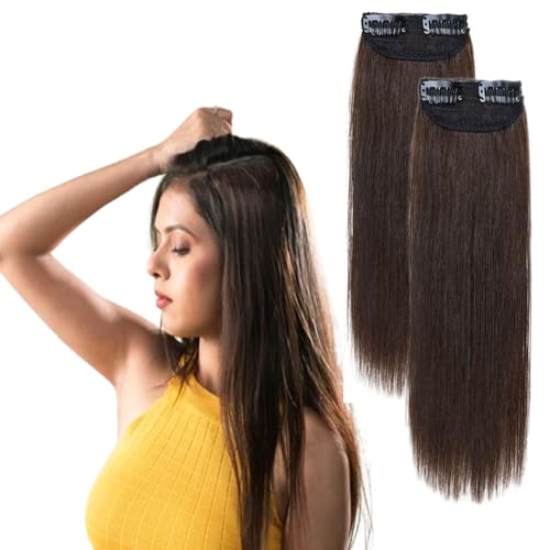 Image of Real 100% Human Hair 2Clip Extension Remy Straight Side Bangs Patch To Add Side Hair Volume DarkBrown Color Highlights | Soft Natural Looking Reusable Lightweight Clip Extension for Daily Use, Styling & Party Causal Wear | 4inch Hair Length (2pc)