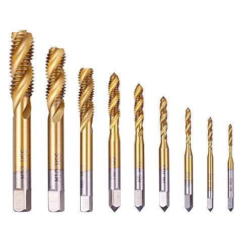 Rocaris 9 Pack of M2 M2.5 M3 M4 M5 M6 M8 M10 M12 Titanium Coated HSS Spiral Flute Metric Taps Set Cover