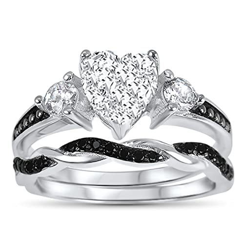 LaRaso & Co His and Hers 3 Piece Trio Sterling Silver Black Wedding Band Engagement Ring Set2