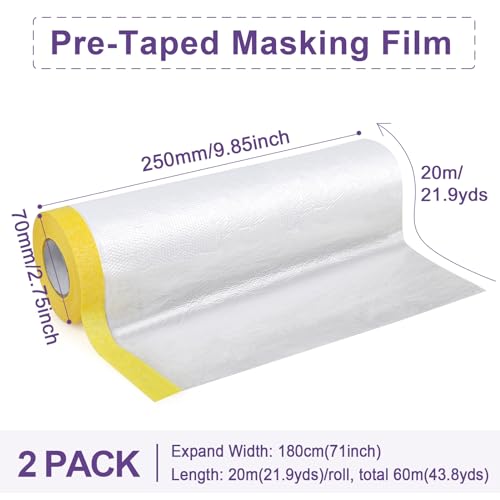 Image of BOMEI PACK Pre-Taped Masking Film, 71inch x 66Feet Tape and Drape for Automotive Painting Covering, Two Rolls, Total 132Feet