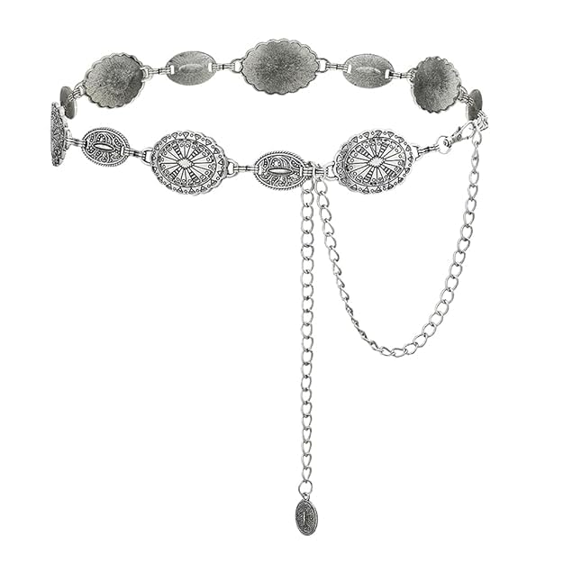 Waist Chain for Women for Saree Silver Metal Concho Waist Belt Stylish Boho Western Hip Belt Fashion Adjustable Cowgirl Jewellery Chain Belts for Dresses, Jeans, Skirts, Beach Outfits-picture-40