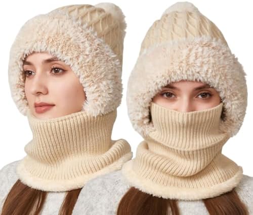 Womens Winter Hats 3 in 1 Knitted Beanie Balaclavas Mask Set Neck Ski Snow Skull Hat with Pom Pom One Piece Scarf Hat