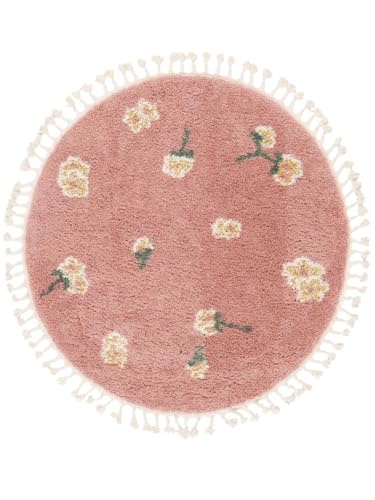 RugVista Linnea, Kinderteppich, Shaggy/Handloom, Ø 150 cm, Rund, Niedriger Stapel, Wohnzimmer, Kinderzimmer, Schlafzimmer, Diele, Nur chemische Reinigung, Ohne gefährliche Chemikalien, Rosa