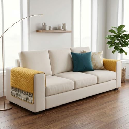 Image of KINGLY Armrest Cover with Pocket | Anti-Slip Sofa Arm Protector | Washable Arm Cover | Mustard Yellow
