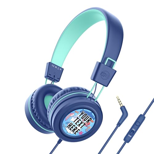 Image of MEE audio KidJamz KJ55 Personalized Wired Headphones for Kids with Custom Full Color Photo Print, 3.5mm Plug Headset, Volume Limiter, & Microphone, Printed Graphics for School, Gift, Travel (Blue)