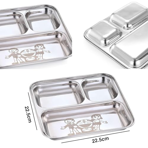 Image of Expresso - Heavy Duty Stainless Steel Square Small Dinner Plate with 3 Sections Divided Mess Trays for Kids Lunch, Camping, Events & Every Day Use Kitchenware, Cartoon Design