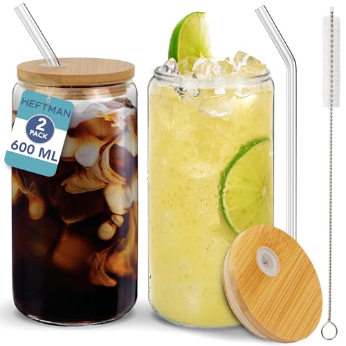 HEFTMAN Glass Cups with Lids and Straws - 2 Pack Empty 600ml Can Shaped Glasses with Airtight Bamboo Lids, Glass Straws & Straw Cleaning Brush - Iced Coffee Glass for Smoothies, Beer, Parties, BBQ