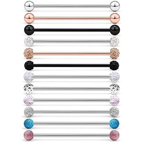 Dyknasz 12PCS 14G Stainless Steel Industrial Barbell Earrings for Women Men Cartilage Helix Rings Piercing Jewelry Silver-Tone Black Rose Gold 32mm 1 1/2 Inch 38mm Cover
