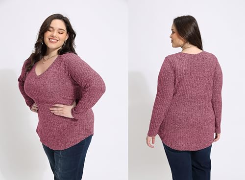 Image of RITERA Plus Size Sweater, Ribbed Long Sleeve Solid Top for Women | Soft vertical ribbed knit, modest V neck, loose long sleeves, curved swing hem, slimming casual layering top for curvy women