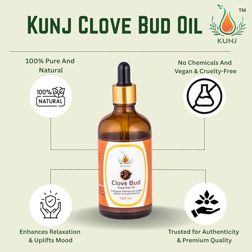 Image of KUNJ Clove Bud Oil (Syzygium aromaticum) 100ML - 100% Pure & Natural, Steam Distilled - Therapeutic Grade Oil for Natural Germ Protection, Aromatherapy & Skin Care