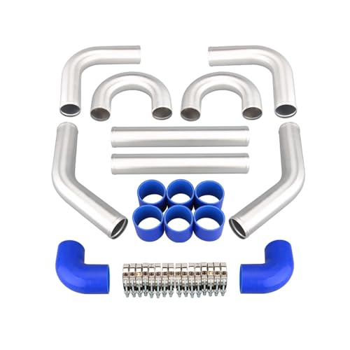 Radiador intercooler Tubo de tubería de intercooler turbo de aluminio cromado | Kit de sistema de refrigeración de 2,5' y 63 mm con mangueras de silicona azules y abrazaderas en T Intercooler coche