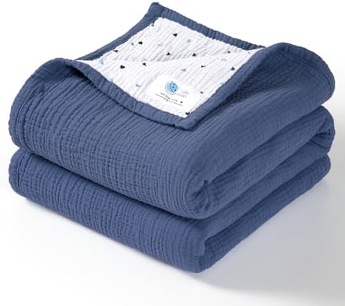 lulumoon Muslin Baby Blanket - Cotton Quilts for Toddlers - Reversible Cot Blanket for Babies, Boys and Girls, 120 x 120 cm (Blue)