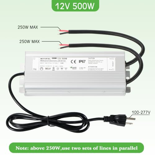 Image of LED Driver 500 Watts(250W X2) 12V DC Transformer,Waterproof IP67 Power Supply, Adapter with 3-Prong Plug 4.9 Feet Cable for Any DC led Lights, Computer Project, Outdoor Light