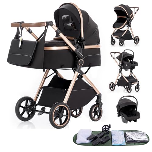 Gcarebb 3 in 1 Kinderwagen Reisesystem, Reisewagen mit höhenverstellbarem Griff, Kinderwagen mit Regenschutz, Baby-Kinderwagen mit Aluminiumrahmen für Neugeborene