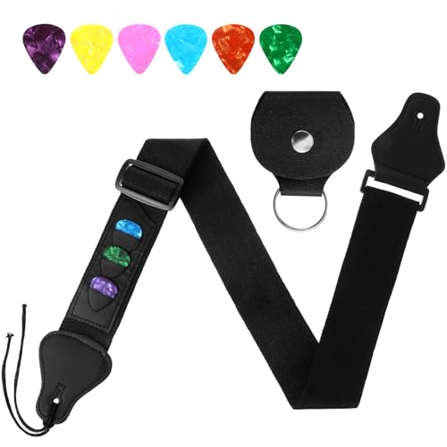 Gitarrengurt Akustikgitarre Geflochtene Verstellbare Gurte Gitarrengurt Schwarz Baumwolle Einstellbar 5 cm Bass E-Gitarre Akustik PU-Lederenden 6 Plektrumhaltern 1 Plektrentasche für Westerngitarre