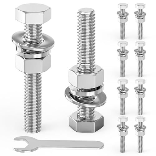 Image of 10PCS 1 /2-13 x 3 304 Stainless Steel External Hex Bolt, Fully Threaded Bolt with Nut Flat & Lock Washers and Spanner