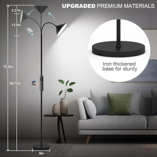 Image of Dimmable LED Floor Lamp, Super Bright Reading Lamps Floor Standing lamp with Remote & Touch Control, Stepless Dimming & 2700K-6500K Color Temperature, for Living Room Bedroom Office, Matte Black