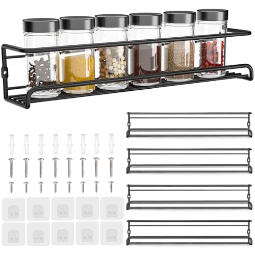 Spice racks Organiser 4 Tier Metal Wall Mounted kitchen Spice shelf for Kitchen&inside cupboard Spice Jars and Condiments tidy Storage (Black)