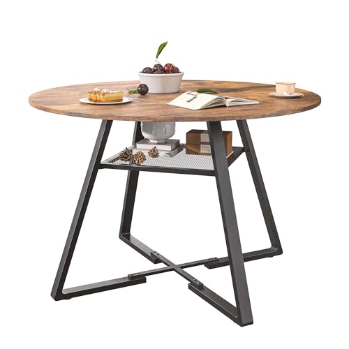 TIMORWTF Tavolo da pranzo rotondo da 120 cm, tavolo da cucina per 4 a 6 persone, superficie in legno e base in metallo, per cucina e soggiorno, marrone e nero