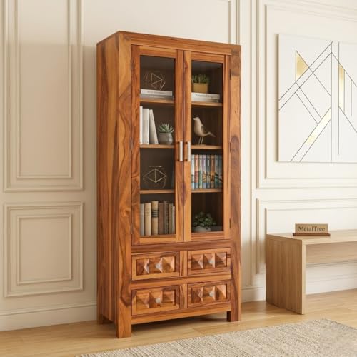 Image of Sheesham Wood Bookcases with 4 Shelves 4 Drawer - Wooden Kitchen Crockery Cabinet for Dining Room Kitchen with Glass Door Book Shelf Wooden Rack for Living Room (Henry Honey)