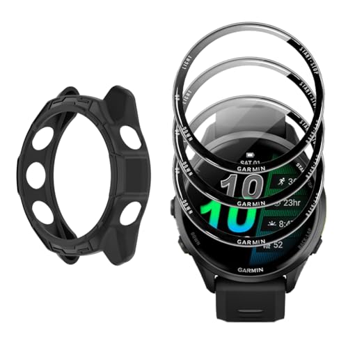 Watch Screen Protector +Watch Case Cover for Garmin Forerunner 970 [3-PCS] 3D Tempered Glass Film & TPU Bumper Anti-Scratch Bubble-Free HD Clear Shockproof Protection (Black)