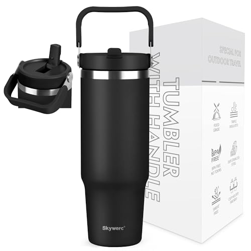 30 oz Tumbler with Handle and Straw | Vacuum Insulated Water Bottles with Flip Straw and Top Handle | Stainless Steel Travel Mug Reusable Insulated Cup for Home, Outdoors | Cold for 30 Hours | Black