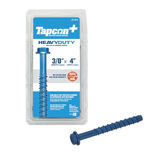Tapcon+ 3/8 x 4 Inch Heavy-Duty Hex Head Concrete Anchors, 10 PCS, Corrosion Resistant Blue Climaseal™ Coating, Outdoor Rated Use, Concrete Block &amp; Masonry Brick Screws, Drill Bit Sold Separately