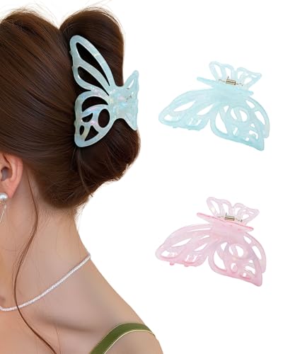 ACECHA 2 Pack Sparkly Hollow Butterfly Banana Clips for Women - 3.6 Nonslip Colorful Butterfly Hair Claw Clips Lightweight PVC Hairclips for Thin and Thick (Pink & Blue)