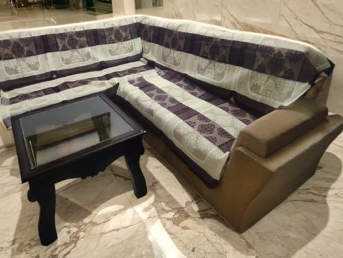 Image of Fab Nation Cotton L Shape Sofa Covers for 5 Seater Sofa Set | Sofa Slipcovers for 3 + 2 Seaters Cover Set | Brown & Cream