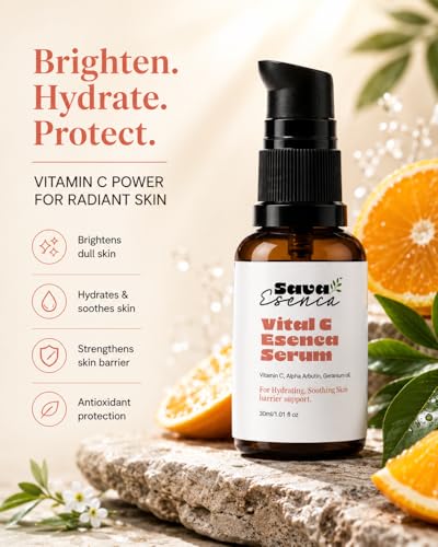 Image of Vitamin C Face Serum 30 ml for Glowing Skin | Brightening & Hydrating Serum with Alpha Arbutin & Geranium Oil | Lightweight Non-Sticky Daily Face Serum for All Skin Types