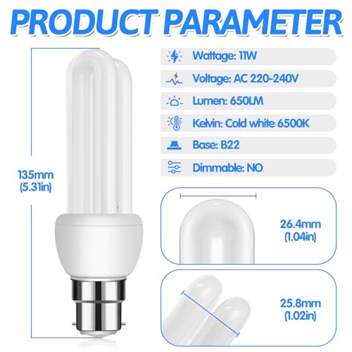 B22 Bayonet Cap Energy Saving Bulb 11W, 2U CFL Low Energy Light Bulbs, BC Compact Fluorescent Stick Bulbs, B2U Bayonet Light Bulbs Cool White 6500k, AC 220V, Not dimmable, 3Pack - Image 2
