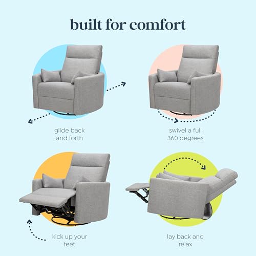 Image of Davinci Atlas Upholstered Recliner and Swivel Glider in Frost Grey | Nursery Glider Chair with High Back, Padded Armrests, and Bolster Pillows | Smooth Recline for Nursing and Feeding